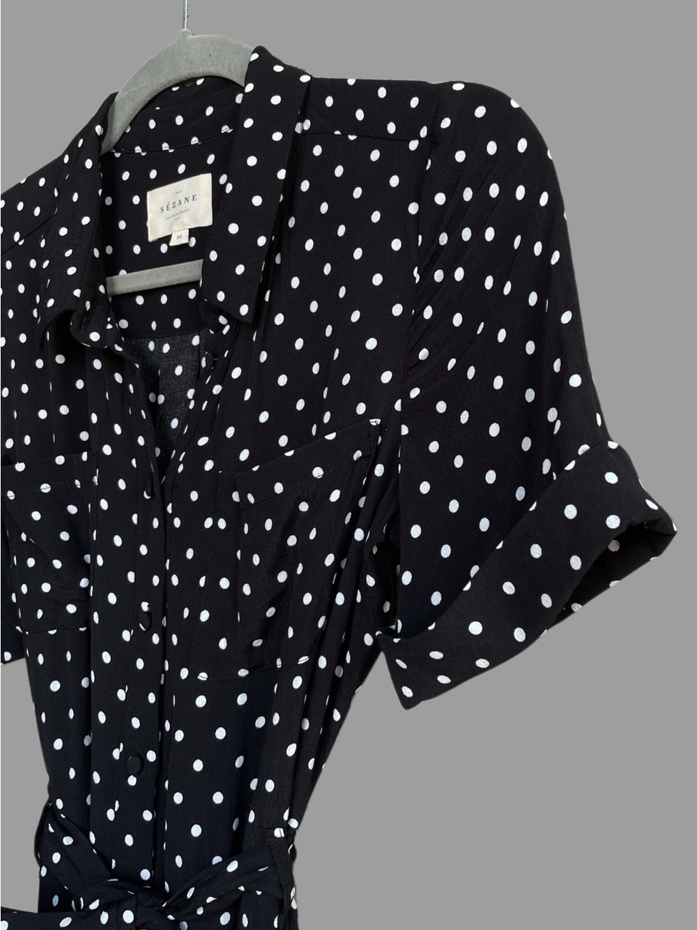 SEZANE Black & White Polka Dot Printed Belted Button Down Adele Shirt Dress - Picture 11 of 12